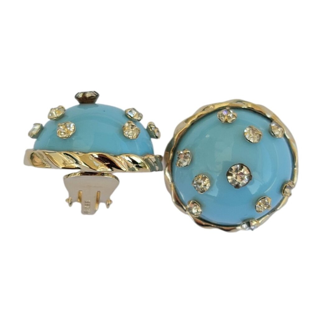 1940s Kramer Round Turquoise Cabochon & Rhinestones Gold Clip-on Earrings Estate